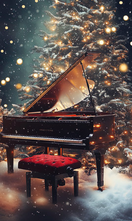 Grand piano in a snowy forest. Christmas and New Year background.の写真素材
