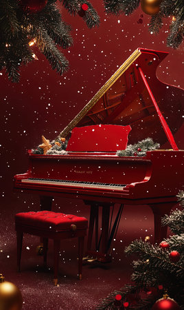 piano with christmas tree on red background, 3d renderの写真素材