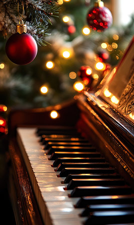 Piano with Christmas tree and red baubles, closeupの写真素材