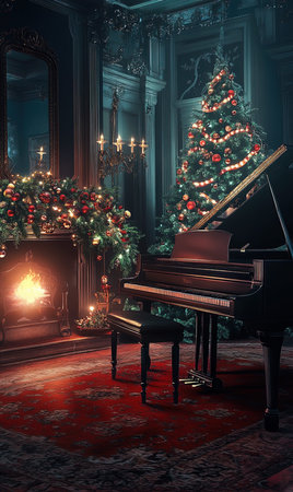 Christmas tree with a piano in a classic interior. 3d renderの写真素材