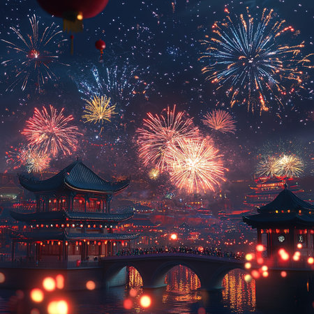 Beautiful firework display for Chinese New Year celebration in Hangzhou