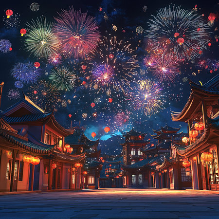 Chinese ancient architecture with fireworks in the night sky, vintage style.の写真素材