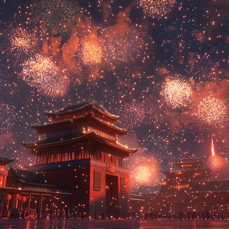 Fireworks over Tiananmen Square in Beijing, China. Fireworks display.の写真素材