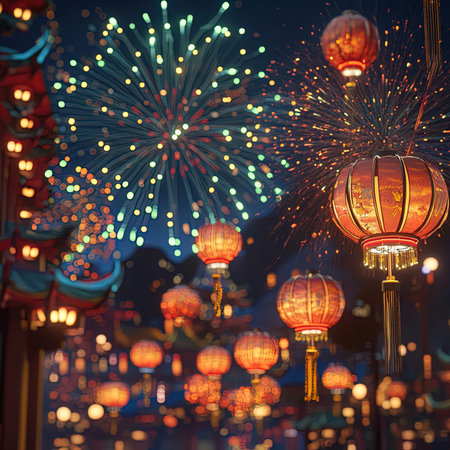 Colorful chinese lanterns and fireworks in the night sky.の写真素材