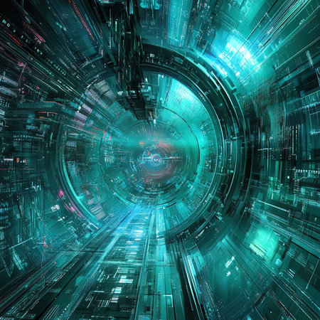 Abstract technology background - computer-generated image. Fractal art: tunnel with glowing lights and digital numbers.の写真素材