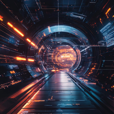 Futuristic tunnel with glowing lights, 3d rendering toned imageの写真素材