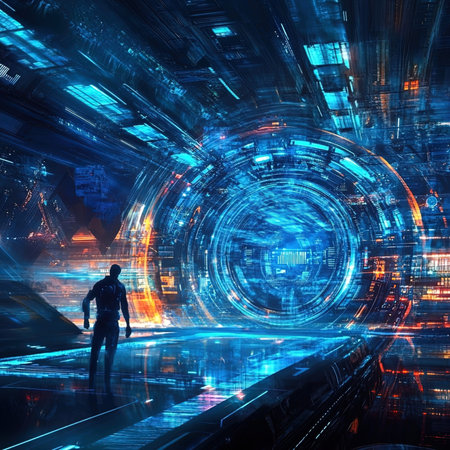 Futuristic technology background with a man looking at the future.の写真素材