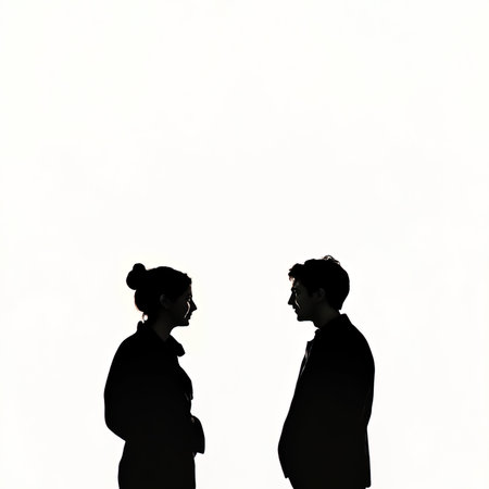 Silhouette of a man and a woman on a white backgroundの写真素材