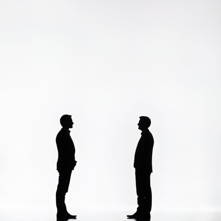 Silhouette of two businessmen looking at each other on white backgroundの写真素材