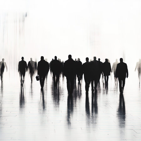 Silhouette of a group of people walking in the rain.の写真素材