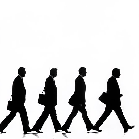 Silhouette of a group of business people walking on a white backgroundの写真素材