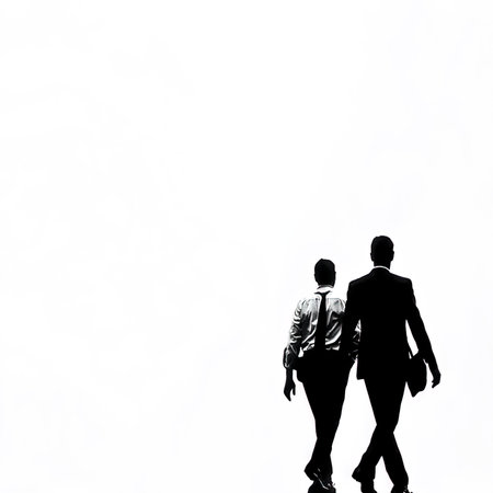 Silhouette of two business men walking on a white background.の写真素材