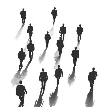 Silhouettes of business people walking on a white background with shadows.の写真素材