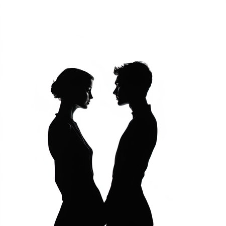 Silhouette of a man and woman on a white background.