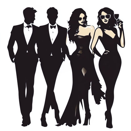 Silhouette of a man and woman in evening dresses. Vector illustration.の写真素材