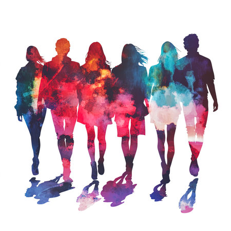 Silhouette of a group of young people. Watercolor illustrationの写真素材
