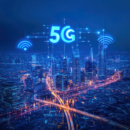 5G wireless internet network connection with cityscape background, 3d renderingの写真素材