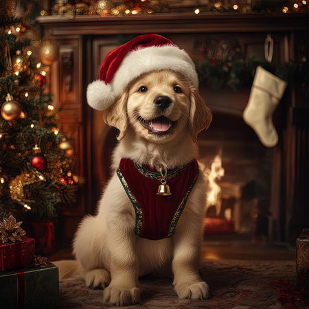 Cute Golden Retriever puppy in Santa Claus hat sitting in front of fireplace.の写真素材