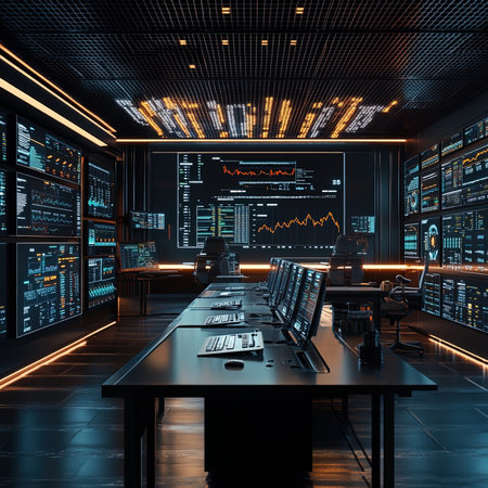 3D rendering of a futuristic server room with a lot of screensの写真素材