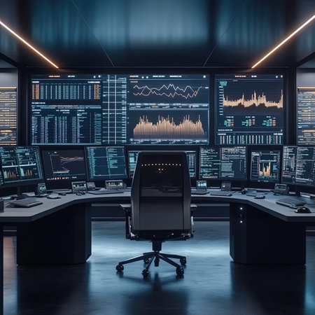 Modern office interior with computers and monitors. 3d rendering toned imageの写真素材