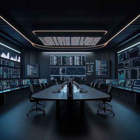 3D rendering of a modern conference room interior with computers and screens