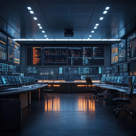 3d rendering of a modern control room with computers and monitors.