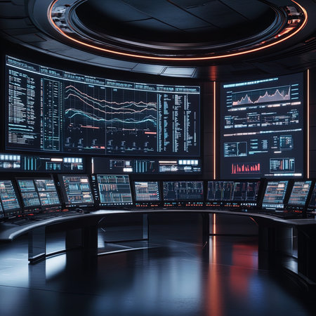 3D rendering of a futuristic control room with a lot of screens in the foreground