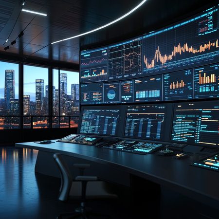 Stock exchange trading room interior with financial charts and graphs. 3d rendering