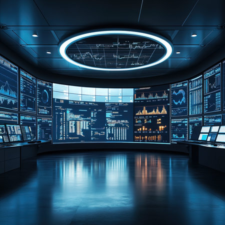 Futuristic business interior with infographs and charts 3D renderingの写真素材