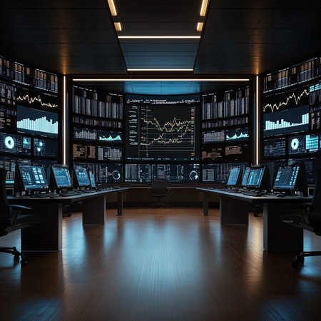 Interior of a modern office with computers and monitors. 3d renderingの写真素材