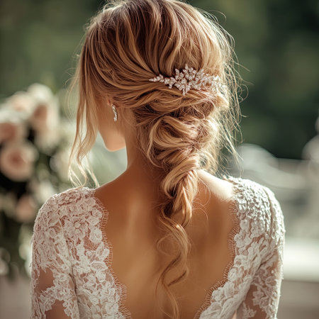 fashion outdoor photo of beautiful bride with blond hair in luxurious wedding dressの写真素材