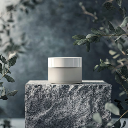 Cosmetic cream jar mockup on stone podium. 3d renderingの写真素材