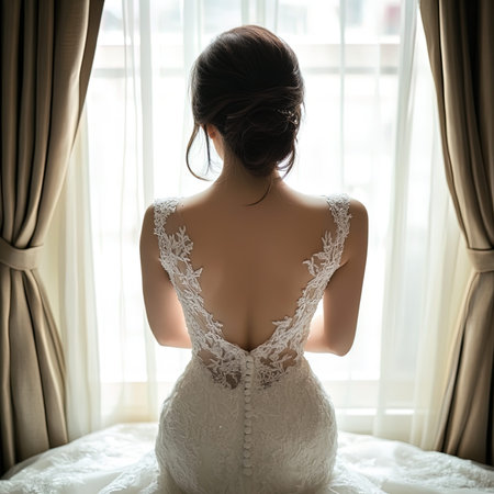 Beautiful lady in elegant white wedding dress posing near the windowの写真素材