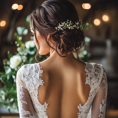 back view of beautiful bride in lace wedding dress with flowers in hairの写真素材