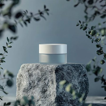 Cosmetic cream bottle mockup on stone podium. 3d renderingの写真素材