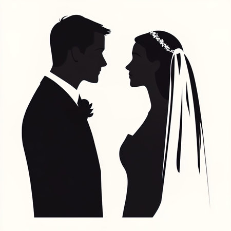 silhouette of a bride and groom on a white background.の写真素材