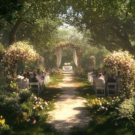 Wedding ceremony in a botanical garden in the morning lightの写真素材