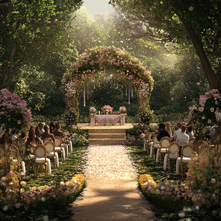 Wedding arch in the garden with flowers. Wedding ceremony.の写真素材