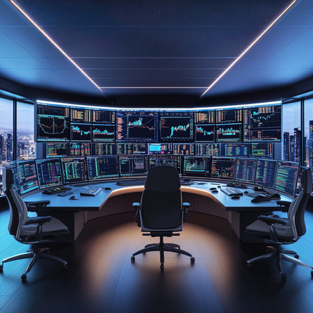 Dark office interior with computers and monitors, 3d rendering toned imageの写真素材