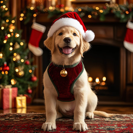 Cute Golden Retriever puppy in Santa Claus hat sitting in front of Christmas tree.の写真素材
