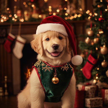 Golden Retriever puppy in santa claus hat near christmas treeの写真素材