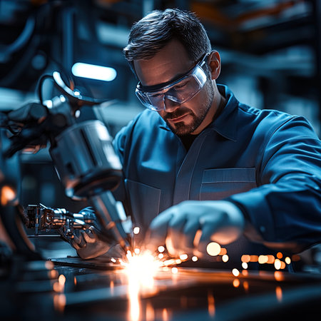 Worker with welding machine. Confident young man in safety glasses working with welding machine while standing in his workshopの写真素材