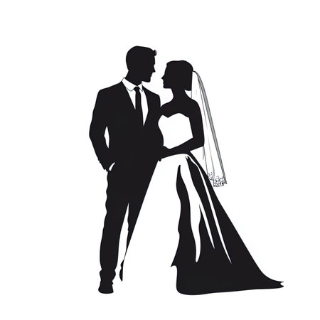 Silhouette of bride and groom on white background. Vector illustrationの写真素材