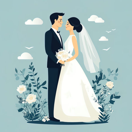 Wedding couple in love. Groom and bride in a park. Vector illustrationの写真素材
