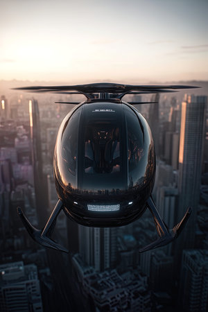 Drone flying over the city. 3D rendering. Futuristic conceptの写真素材