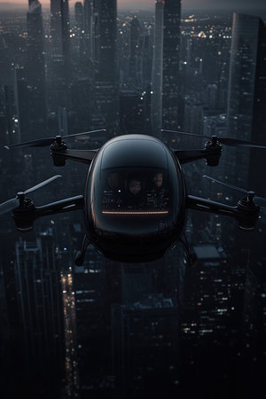 Drone flying over the city. 3D Rendering, 3D illustration.の写真素材