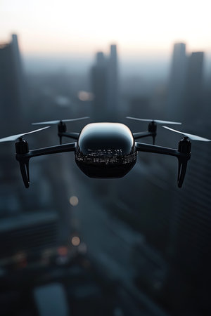 Drone flying over the city at sunset. 3D Rendering