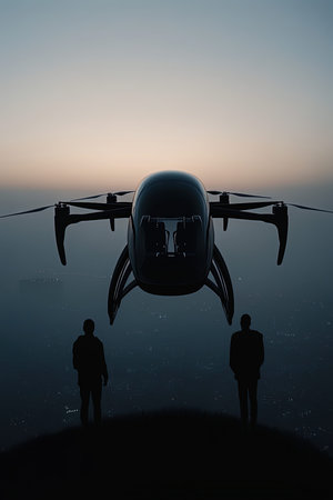 Silhouette of two people and a helicopter on top of a hillの写真素材