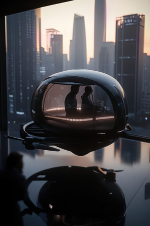Silhouette of a man and a woman on the background of the city.