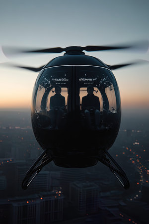 Silhouette of helicopter flying over the city at sunset. 3d renderingの写真素材